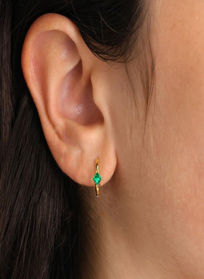 Jacruces Birthstone Earrings for Women Trendy Emerald Birthstone Earring Dainty Small 14k Gold Plated Huggie Hoop Earrings Cubic Zirconia Earring Birthday Gifts for Women Jewelry - Image 2
